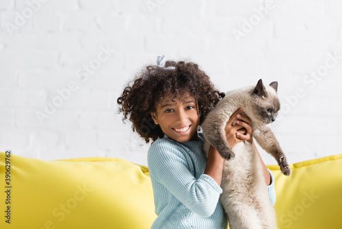 Fotografia Happy african american girl holding siamese cat, while looking at camera at home