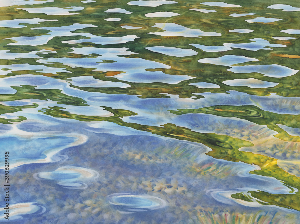 Sunny water waves with stones on a bottom of the lake watercolor Sunny water waves with stones on a bottom of the lake watercolor