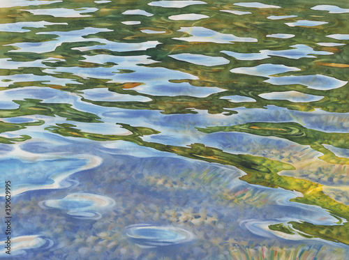 Sunny water waves with stones on a bottom of the lake watercolor