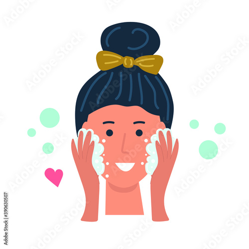 Girl washes her face with foam or gel for washing, hygiene, skin care, beauty every day concept. Flat illustration.