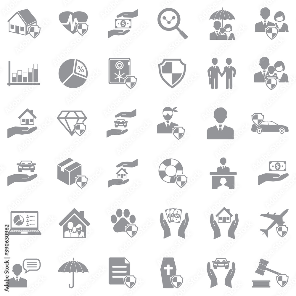 Insurance Icons. Gray Flat Design. Vector Illustration. Insurance Icons. Gray Flat Design. Vector Illustration.