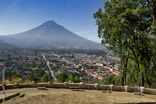 Antigua and volcano Agua, Guatemala, Central America. View from Cerro de la Cruz. Antigua is the historical capital of Guatemala, which moved after earthquake to Guatemala City