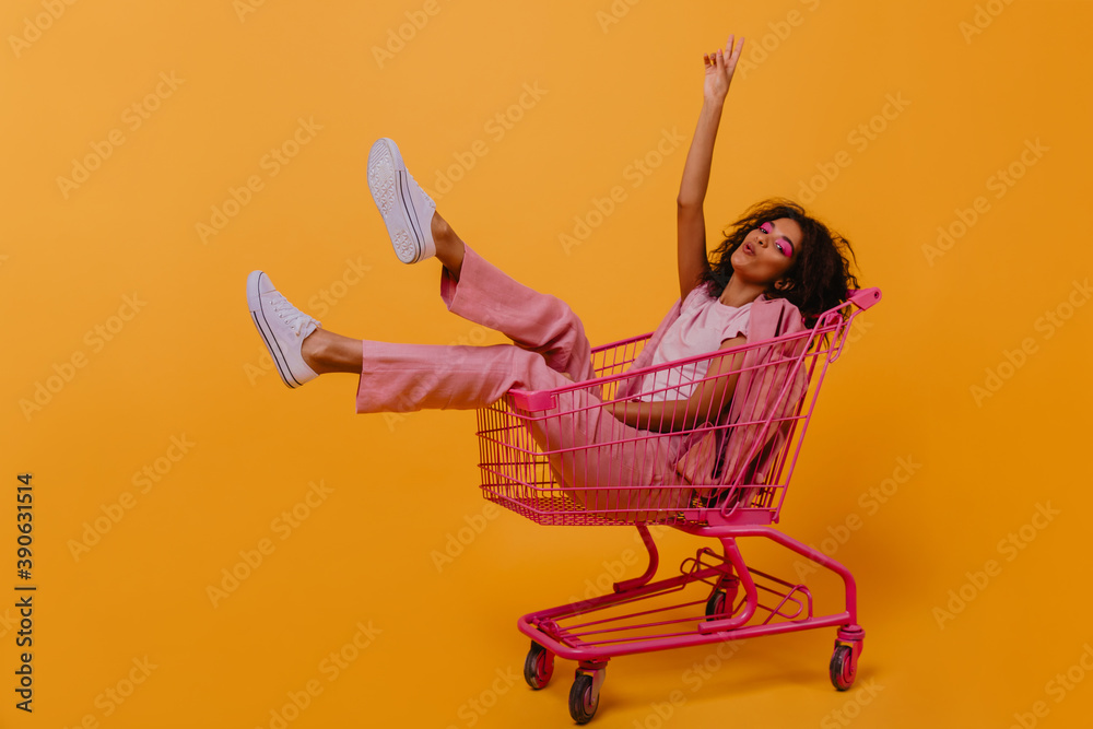 Enthusiastic brunette girl expressing sincere positive emotions. Studio shot of beautiful woman sitting in shopping cart. - obrazy, fototapety, plakaty 