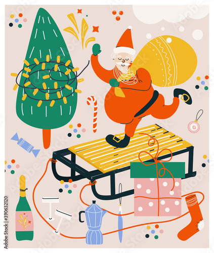 Bright Christmas poster or greeting card with cute vector christmas symbol set. Santa Claus, Christmas tree, toys, sleigh, garland, fireworks, champagne, gifts. Flat new year poster. Merry Christmas.