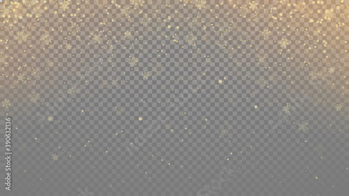 gold color realistic transparent snowflakes at snowfall