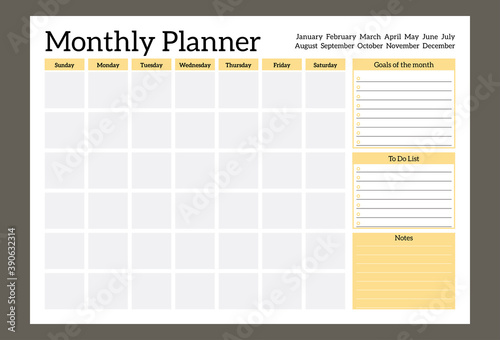 Monthly Planner template, to do list, notes, goals. Schedule for study or work. Abstract clear yellow vector illustration.
