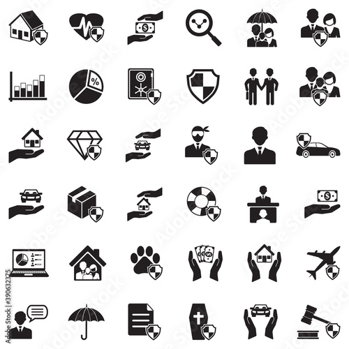 Insurance Icons. Black Flat Design. Vector Illustration.