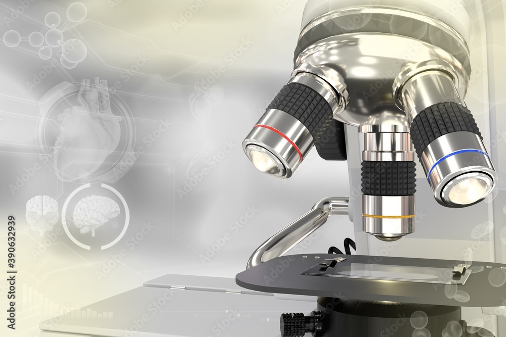 Fototapeta premium Medical study concept, laboratory hi-tech scientific microscope on colorful overlay background - medical 3D illustration
