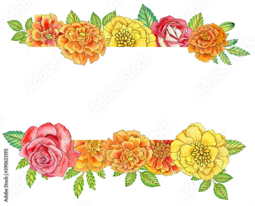 Watercolor marigold flowers and roses frame. Traditional mexican flowers. Illustration for invitation, postcards, print design template.