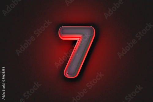 aged grey concrete alphabet with red outline and back light - number 7 isolated on dark grey, 3D illustration of symbols