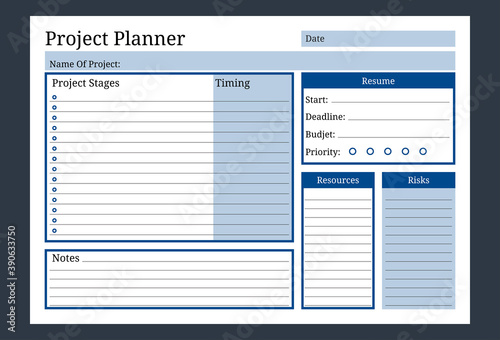 Project Planner with stages, timing, budget, resources and risks.  Clear and simple blue business organizer template.