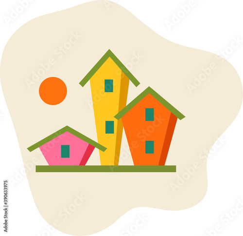 Trendy house icon. Small tiny houses. Summer, autumn mood. Flat design. Hand drawn trendy vector illustration. Cartoon style