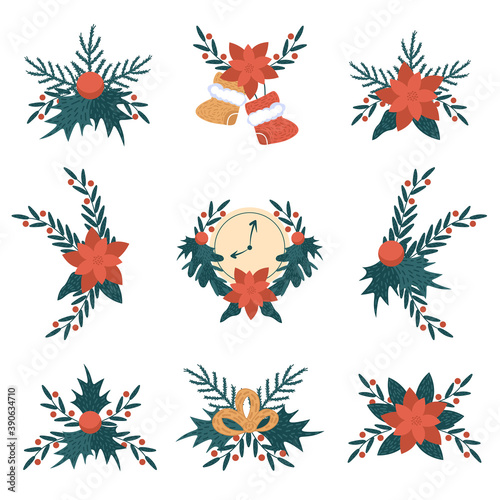 New Year and Christmas traditional wreaths collection. Decorations from berries, spruce branches and bow. Vector illustration.