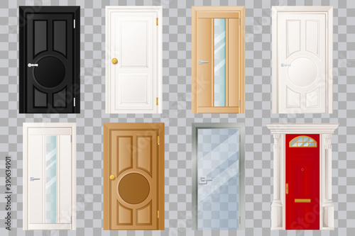 Closed doors set, isolated on transparent background. Classical wooden, white, black and glass door. Vector illustration