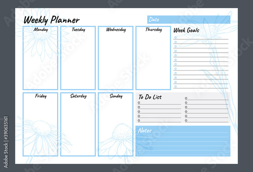Blue weekly planner, notes, goals and to do list. Blue vector organizer template.