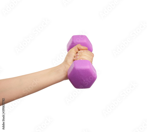 female hand holds a plastic pink dumbbell on a white isolated background photo