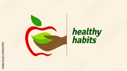 Healthy icon with apple and abstract figure, Apple health care vector logo template.