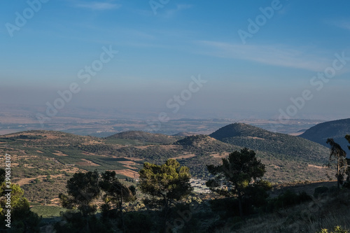 Naftali mountains range with keren naftali mountain, Hula valley, Golan Heights and Mount Hermon as seen from Kibbutz Malkia lookout point, located on iraeli-lebanese border in Upper Galilee, Israel. © MoVia1