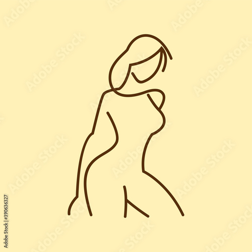 Female figure. Outline of young girl. Stylized slender body. Linear Art.