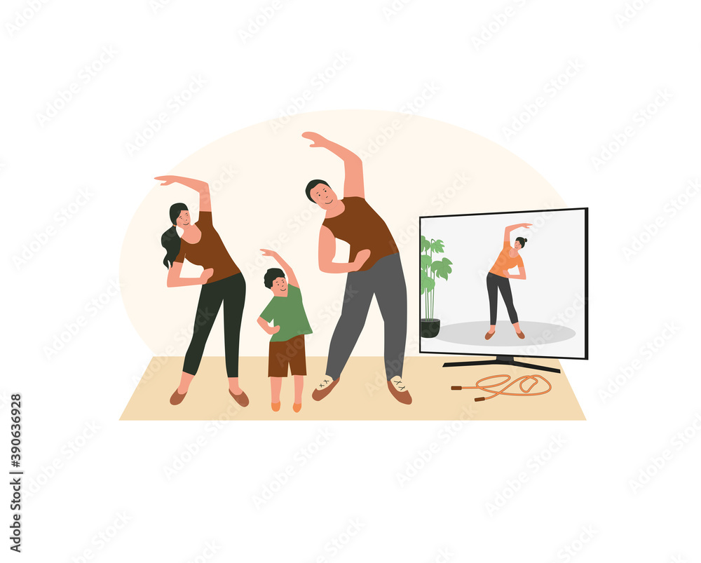 Family stay at home. Women, man, child doing exercises, yoga with teacher, tutor, personal treiner on-line, learn how to do exercises, relax, during quarantine. Sport, leisure and hobby on isolation.