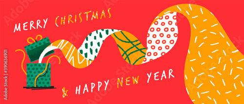 Christmas New Year open gift box cartoon banner