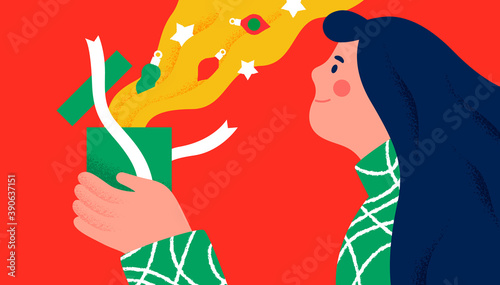 Girl with open christmas box ornament decoration