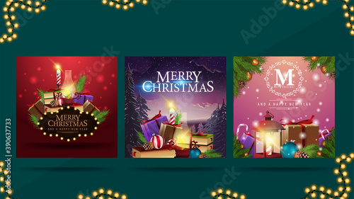 Merry Christmas  collection of Christmas postcards with pile of Christmas presents ready for print. Bright modern Christmas cards