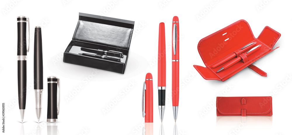 3D illustration of a collection different ball pens in plastic and metal material in mix colors and shapes in case box on white background