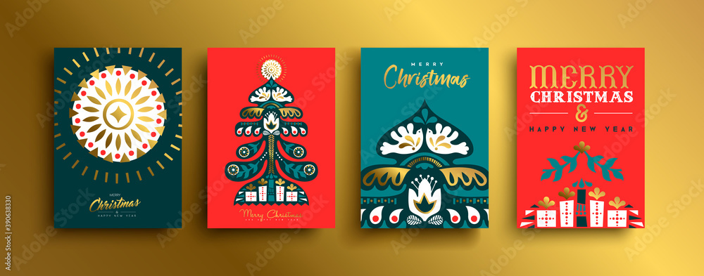 Merry Christmas vintage gold folk art card set