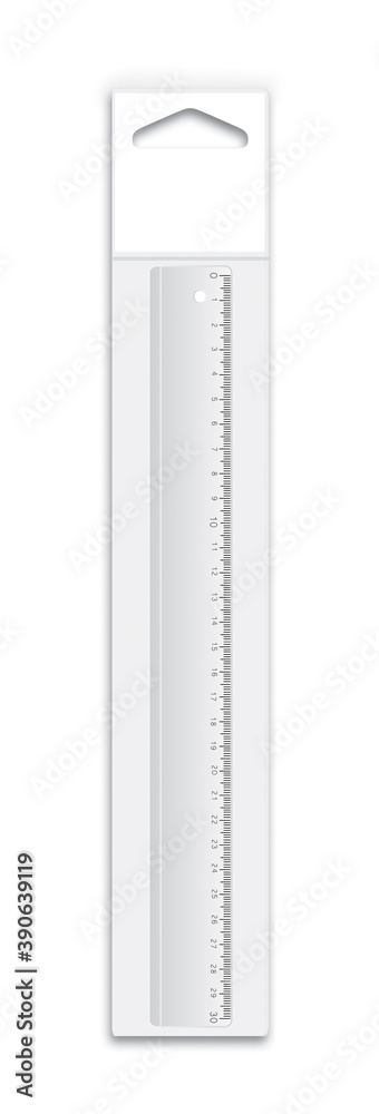 3D illustration of clear plastic ruler of 30 cm in folder with hanging - obrazy, fototapety, plakaty 