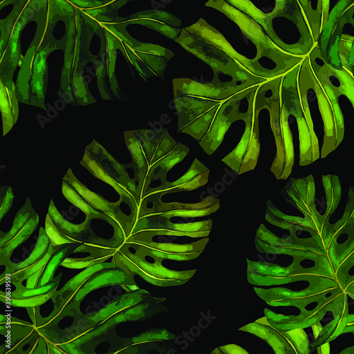Watercolor seamless pattern with tropical leaves. Beautiful allover print wit...