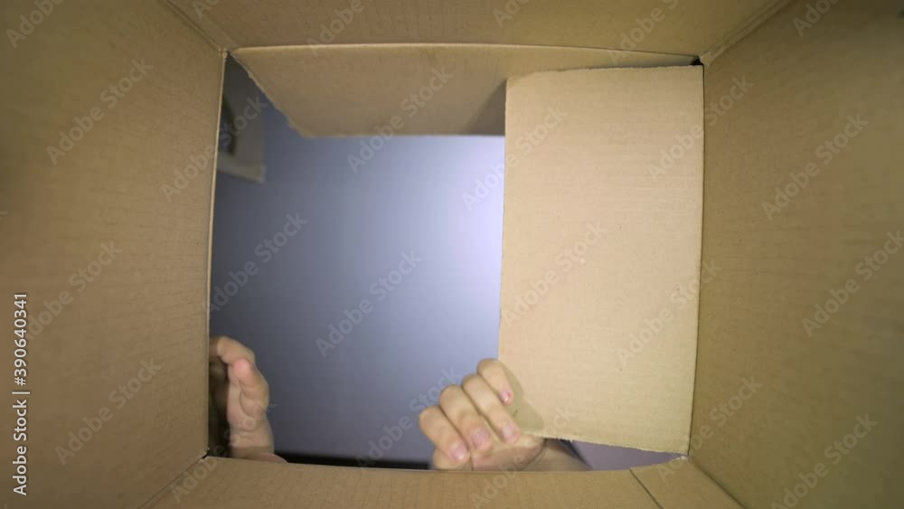 A little girl, seven years old, peers through the crack of a box. View ...