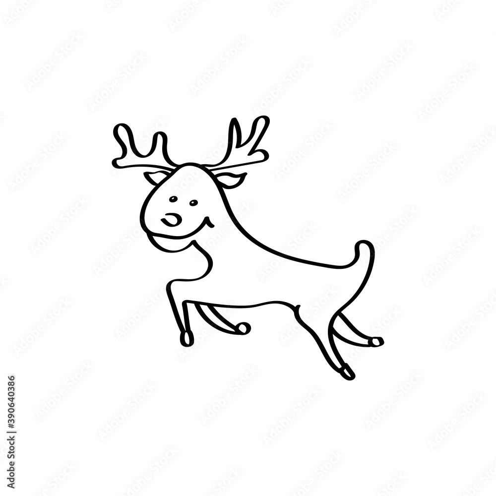Fototapeta premium Hand-drawn cute Christmas deer. Sketch style doodle for children. Christmas design. Vector illustration isolated on a white background