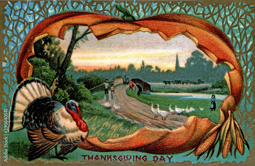 Rural road, geese, bridge scene. Vintage Thanksgiving Themed Postcard, restored art from before 1925. Colors and details enhanced. Festive Autumn illustrations from the past.