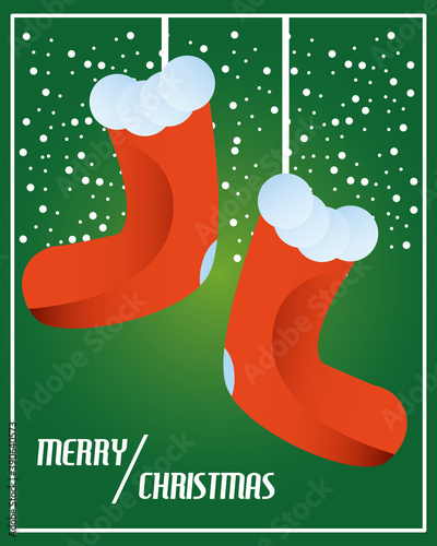 merry christmas, hanging stocking snow green background card