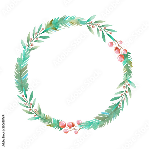 Watercolor illustration of a circle of fir branches  berries. 