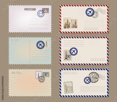 Post card and envelope set. Vintage postcard designs, envelopes and stamps. Realistic old postcard. Vector illustration EPS10