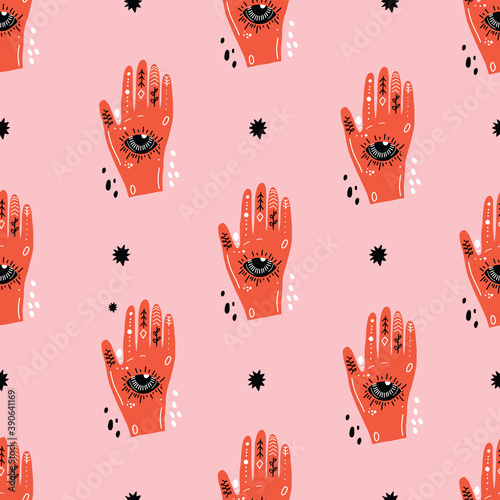 Pink monochrome palm reader psychedelic line art hand with all seeing eye pattern. Cosmic seamless vector repeat pattern.