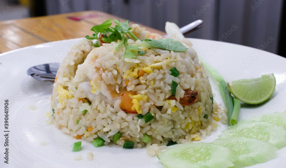 Thai fried rice with prawns, lemon, spring onions, coriander. Thai fried rice with prawns, lemon, spring onions, coriander.
