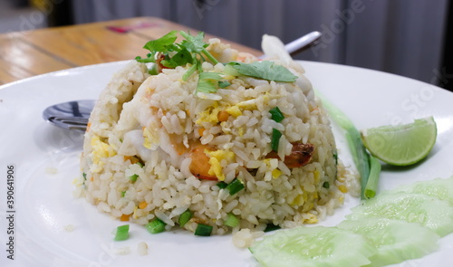 Thai fried rice with prawns, lemon, spring onions, coriander.