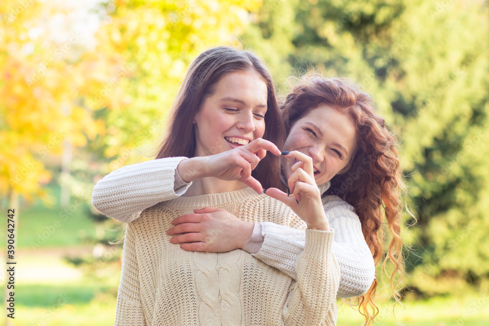 Homosexual couple, two young lesbian women happy laughing, hugging in the park outdoors. Happy Sisters for a walk. Homosexual couple, two young lesbian women happy laughing, hugging in the park outdoors. Happy Sisters for a walk.
