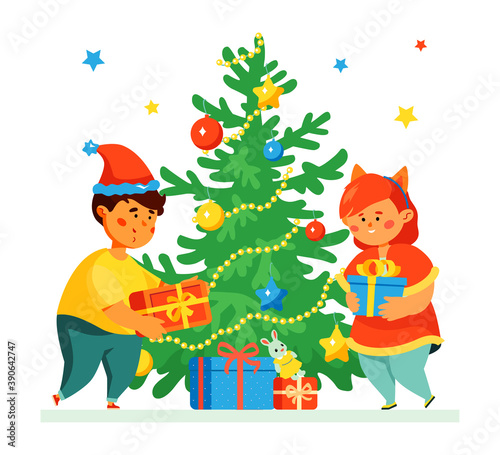 Happy children at the Christmas tree - colorful flat design style illustration