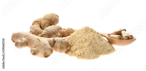 Dry, fresh and capsuled ginger isolated on white
