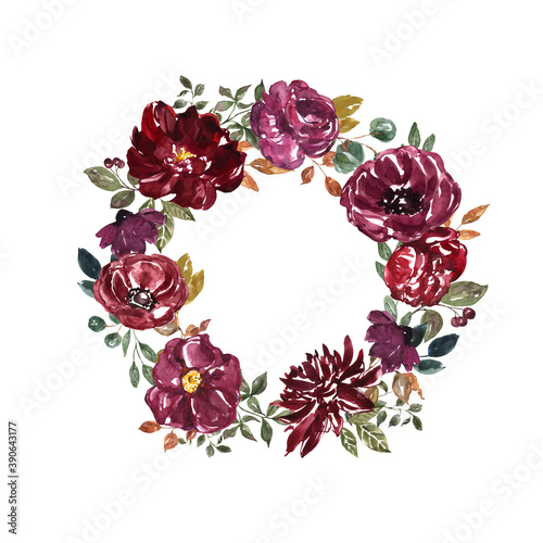 Burgundy flowers wreath illustration. Floral frame, isolated on white backgro...