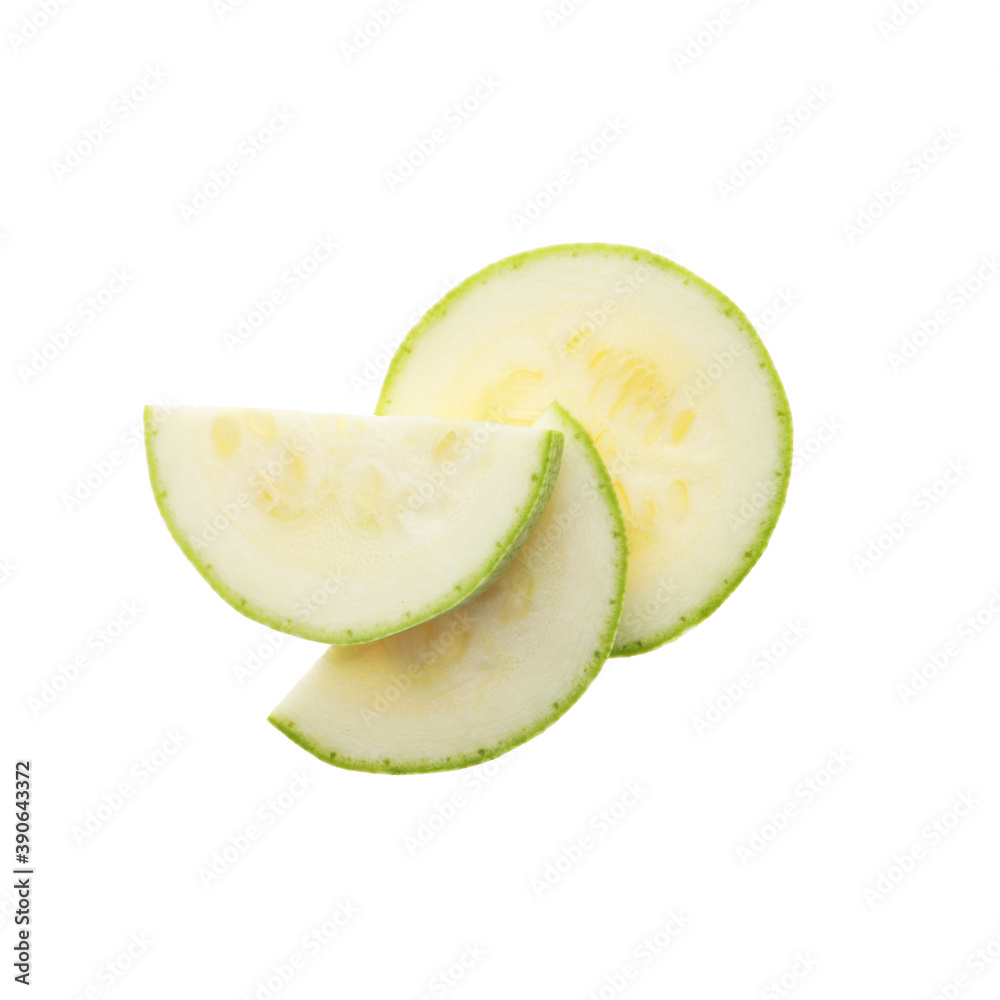 Slices of ripe zucchini on white background, top view