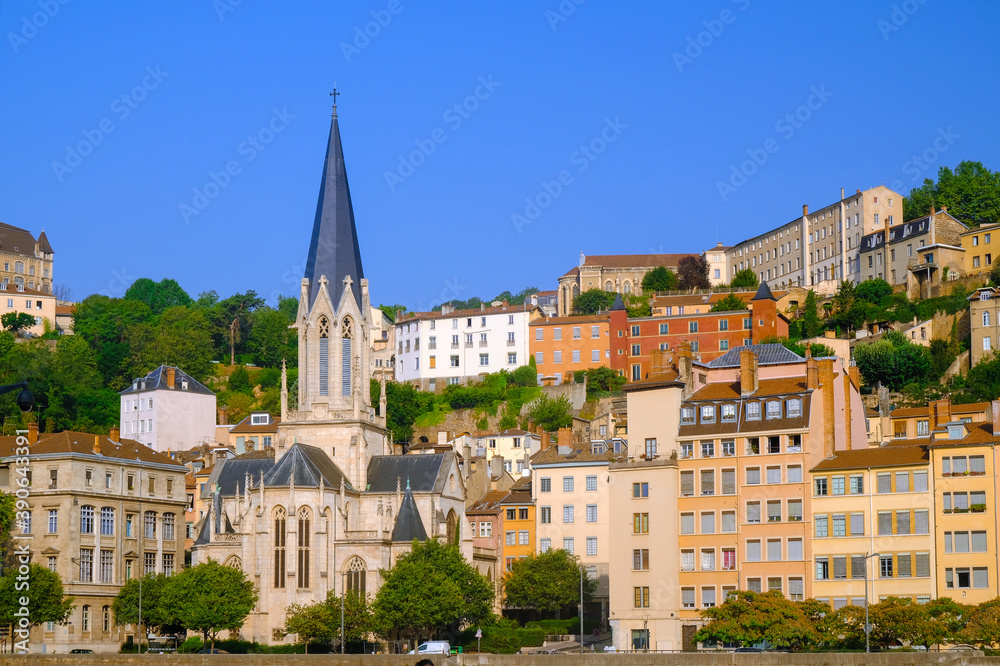 Saint George church on Saone river embankment, Lyon, France.