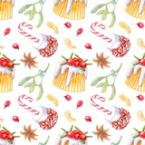 Festive endless texture. Watercolor of Bird wren cake, mistletoe and holly. Seamless pattern for greeting design.