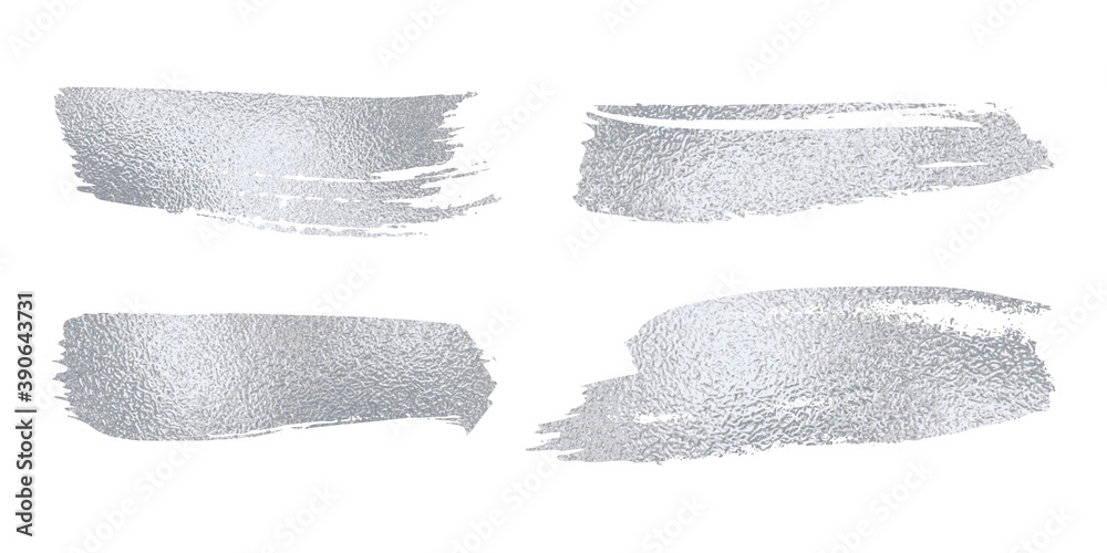 Set of vector sparkle silver mascara brush strokes. Luxury decor of shiny foil. Collection of grunge metal paint texture for greeting card design. Glitter patterns for sticker isolated from background