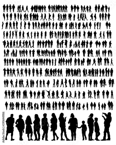 Big crowds people on street. Isolated silhouette on a white background