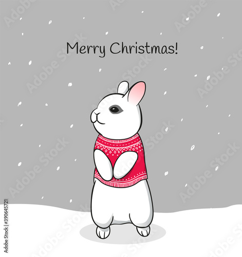 Cute animal bunny in sweater on snow. Merry Christmas creative rabbit illustration in vector